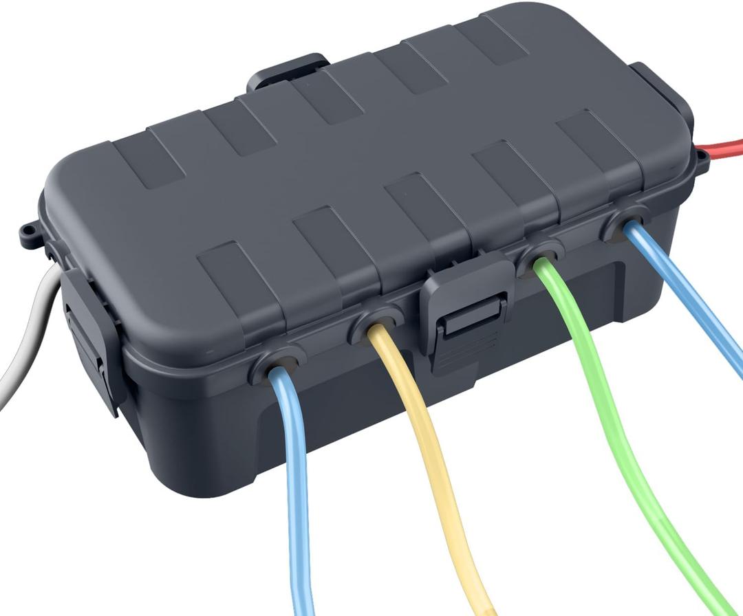 QUOBAS Outdoor Waterproof Electrical Box with 6 Cable Ports, IP54 Weatherproof Heavy-Duty Extension Cord Cover for Power Strips, Garden Power Tools, Holiday Lights, Gray