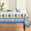 Horaldaily Summer Tablecloth 60×140 Inch Rectangular, Vintage Classical Lemons Jasmine Leaves Blue Yellow Washable Seasonal Table Cover for Party Picnic Dinner Decor
