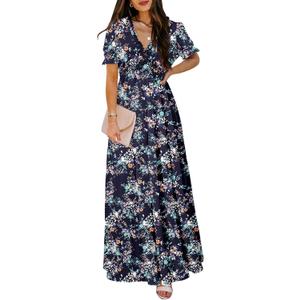 BLENCOT Womens Casual Boho Floral Printed V Neck Short Sleeve Long Evening Dress Ruched Cocktail Party Maxi Wedding Dress (M)