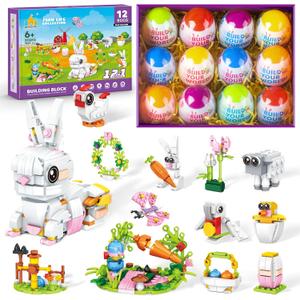 Easter Bunny Building Toy Set, Easter Gifts for Kids - 12-in-1 Rabbit Building Block with Prefilled Eggs, Includes Chick, Sheep, Carrot, Flower, Easter Basket Stuffers & Decorations for Boys Girls 6+