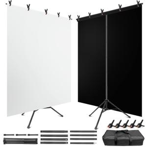 Black White Backdrop Screen with Stand Kit for Photo Video Studio Filming 5X6.5ft, Black Backdrop White Photo Curtain Background with T Shape Stand and 5 Spring Clamp for Photography Party Decorations