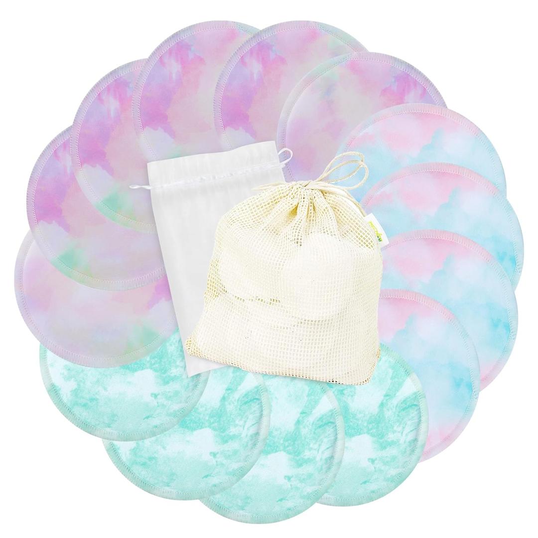wegreeco Nursing Breast Pads (14 Pack) + Laundry Bag & Travel Storage Bag, 4.7 inch - Washable & Reusable Breastfeeding Nursing Pads (Plain Shape, Watercolors, Large)