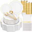 WDF 350PCS White and Gold Plastic Plates - Gold Plates Disposable 50Guest Plastic Dinnerware Ideal for Party/Wedding/Birthday/Valentine's Day
