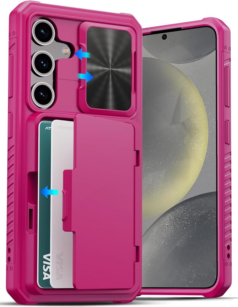 ATATOO for Samsung Galaxy S24 Wallet Case, Built-in Card Holder(Store 4-5 Cards) & Slide Camera Cover, Military Grade Protection, Women Men Cute Sturdy Phone Case for Galaxy S24 6.2", Hot Pink