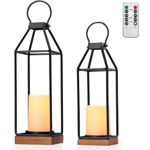 Perfnique Metal Lanterns w/ Pine Wood, Set of 2 Farmhouse Lantern Decorative w/ Waterproof Flameless Candle & Remote Timer, Modern Farmhouse Candle Holder for Outdoor, Porch, Fireplace(Wood Base) (14.8inch  17.5inch)