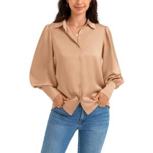 Women Satin Button Down Shirts Lantern Long Sleeve Silk Blouses Office Casual Business Silk Tops (X-Large, Khaki)