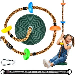 HeyZoo Tree Swing for Kids 330LB Capacity, Climbing Rope with Platforms and Disc Swing Seat Set Outdoor Backyard Playground Accessories with Carabiners and Thickened Strap, Green