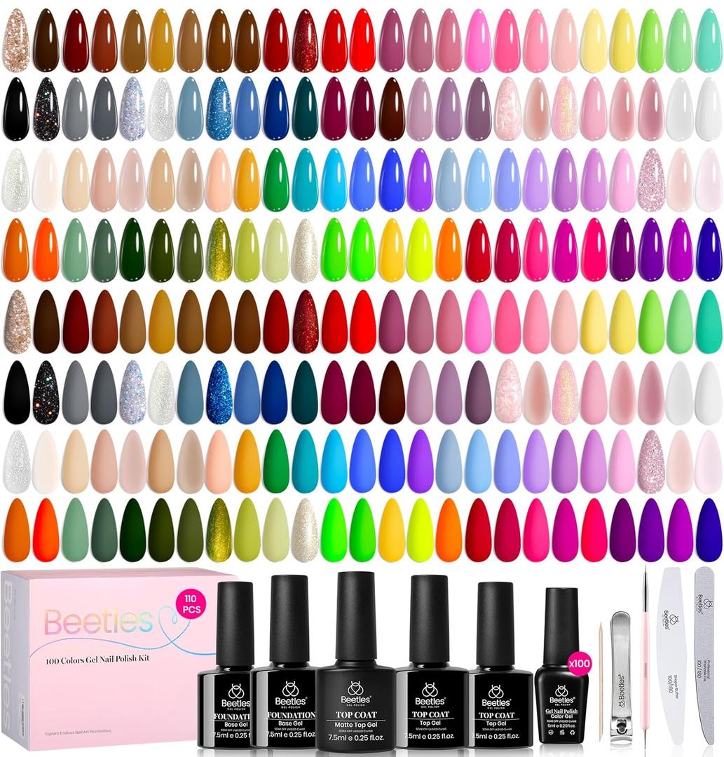 Beetles 110 PCS Gel Nail Polish Set, 100 Colors Infinite Inspiration All Season Red Brown Green Black Gel Polish with 5Pcs Base Top Coat Soak off UV Gel for Manicure Lovers DIY at Home Gifts for Women