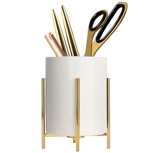 SIEBOLD Gold pencil cup Sturdy metal frame with white ceramic pen holder For desks and kitchen appliance holders 2Pack