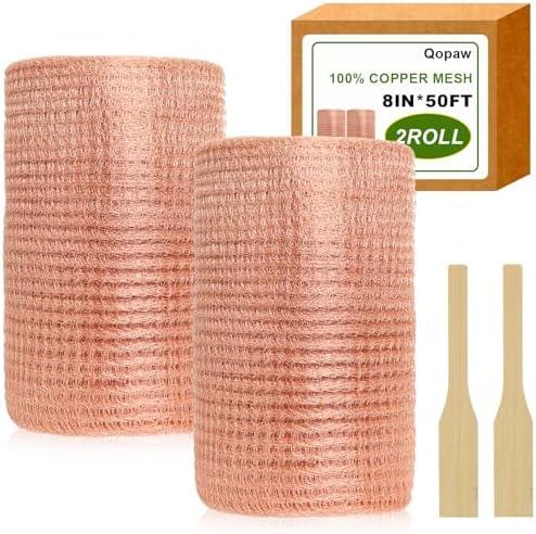 8" x 100ft Copper Mesh, Double Layer Pure Wire Mesh, Rustproof DIY Hole Filler, Copper Wool with 2 Pack Wood Stick, for Homes Gardens Sealing Water Opening and DIY (2 Roll (8" x 50ft))