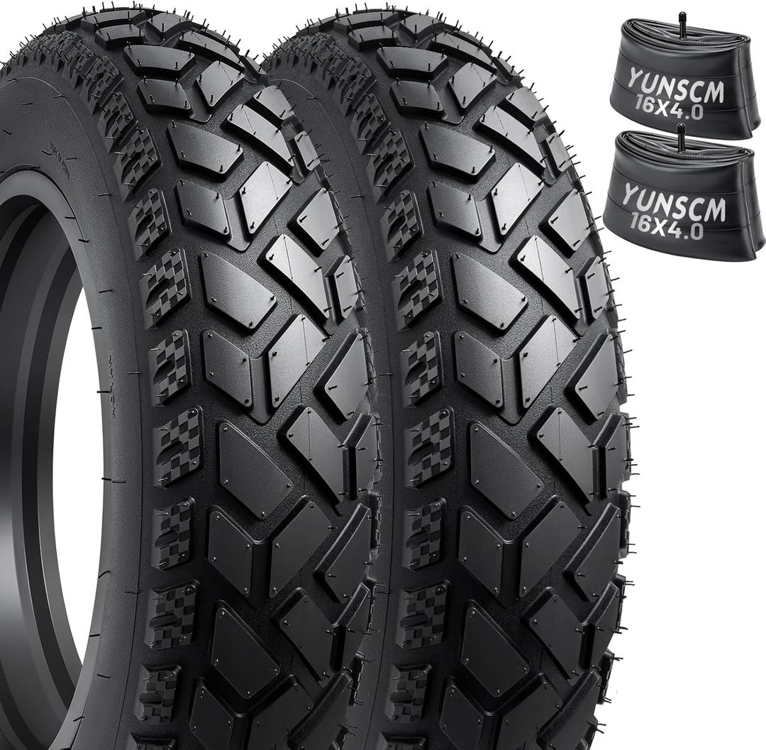 2-PCS 16 inch Heavy Duty 16x4.0 Fat E-Bike Tires and 2-PCS 16X4 Fat Bike Tubes Scharder Valve Compatible 16 x 4.0 Electric Bike All-Terrain Directional Tread Bicycle Tires and Tubes(Y-1397)