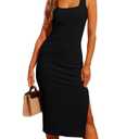 Valiamcep Women's 2024 Summer Tank Midi Dress Square Neck Sexy Side Slit Basic Ribbed Knit Sleeveless Slim Fitted Casual Bodycon Dresses Black S