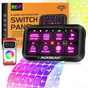 Auxbeam Switch Panel AR-800 Bluetooth 8 Gang Switch Panel RGB Switch Pod Backlit Manual Control w/Toggle Momentary Pulsed 12V-24V Panel Controller for Boat Car Truck RV UTV Waterproof
