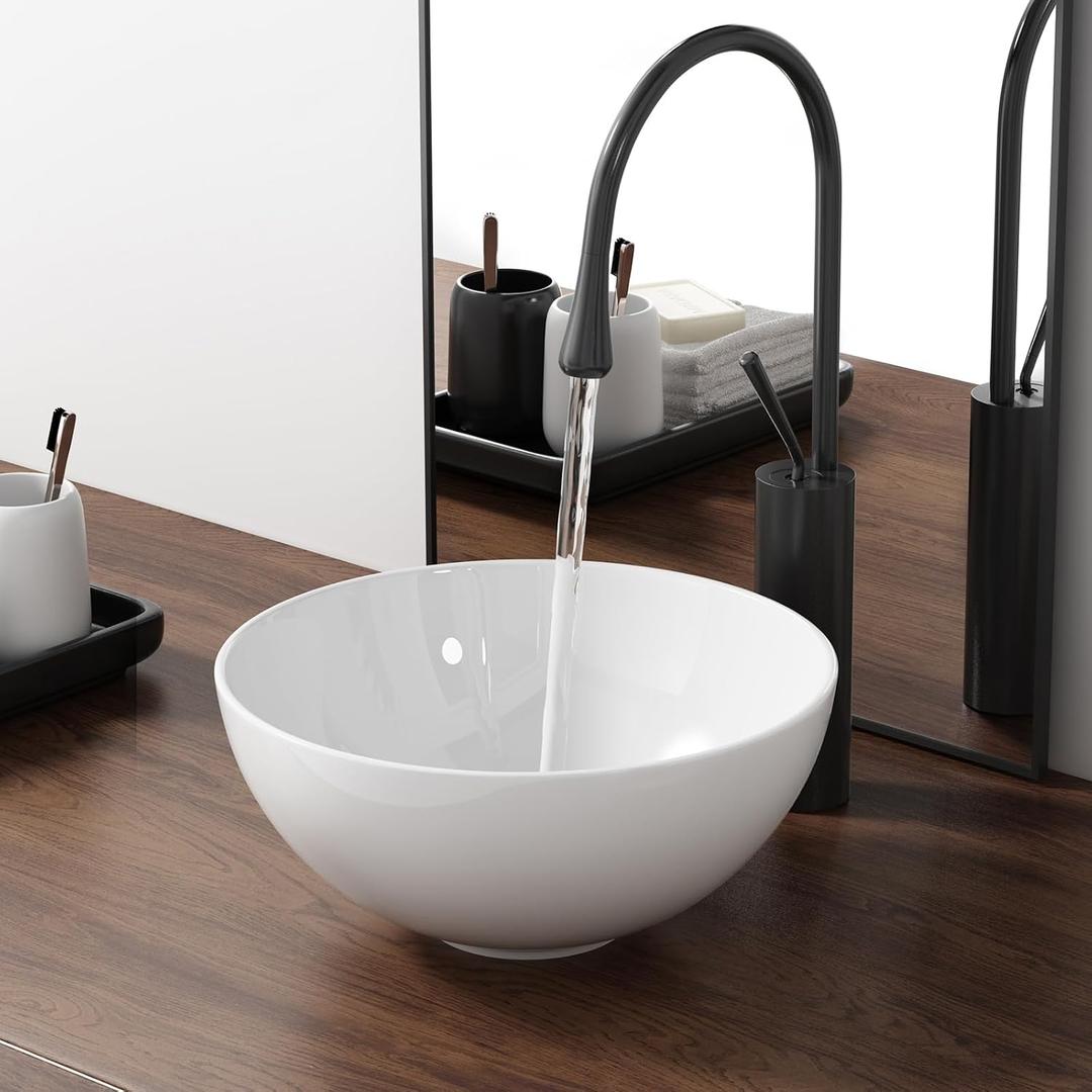 13 Inch Round Bathroom Bowl Sink Above Counter, QISHKA Small White Ceramic Vanity Vessel Sink - 13" x 13" Countertop Circle Art Basin for Space-Saving