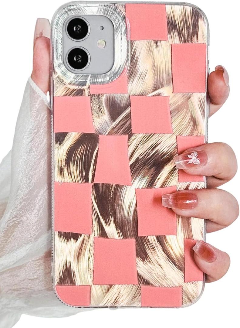 Compact for iPhone 11 Case Shiny Silver Larger Checkered Design Phone Case, Cute Trendy Soft Slim TPU Shockproof Protective Cover for Women Girls Aesthetic Glitter, Pink