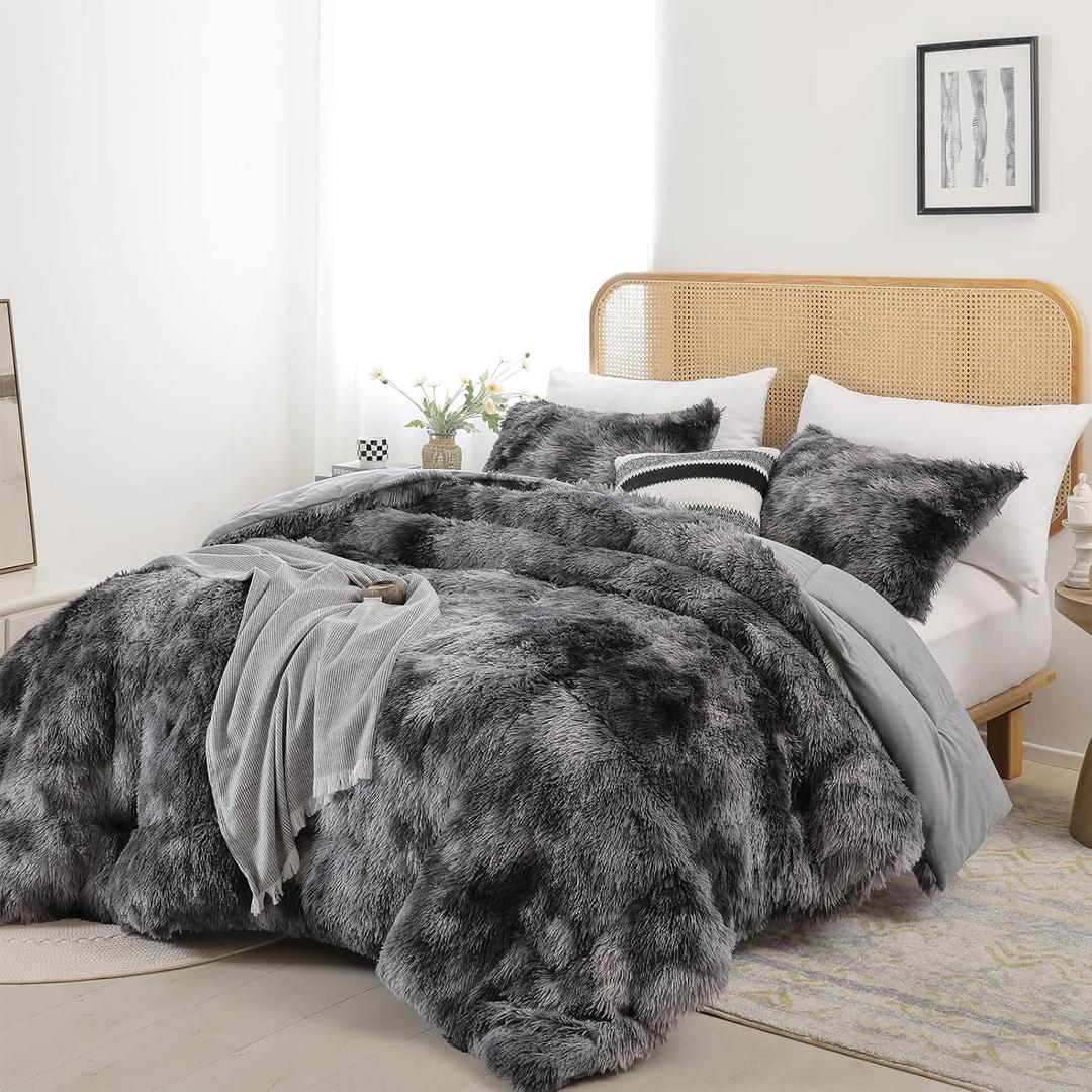 Smoofy Fluffy King Size Comforter Set, Faux Fur Comforter Set, Luxury Fuzzy King Bedding Set, Soft Shaggy Bed Set for All Season, 3 Pieces - 1 Comforter & 2 Pillowcases, Tie-Dye Grey