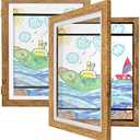 Kids Art Frames 9x12 Set of 2 - Front Opening Childrens Picture Frame Changeable, Wood Artwork Display Storage for Wall Mount, Magnetic Door Holds 50 Art Pieces for Drawings, 3D Picture, Crafts, Portfolio, Brown