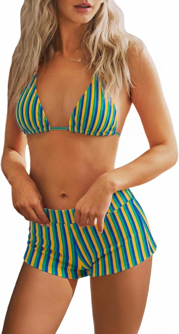 ZAFUL Bikini Sets for Women Boyshort Bathing Suit Halter Triangle Top Bikini with Shorts Set Striped Swimsuit Beach Outfits (XL)