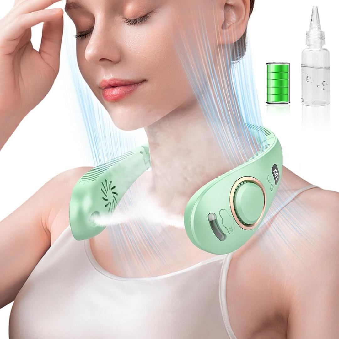 Misting Fan Neck Fans that Blow Cold Air-Foldable Fan with Water Spray Misting,Rechargeable Battery Neck Fan,Cordless Quiet Face Travel,Best Gifts for Birthday Light Green