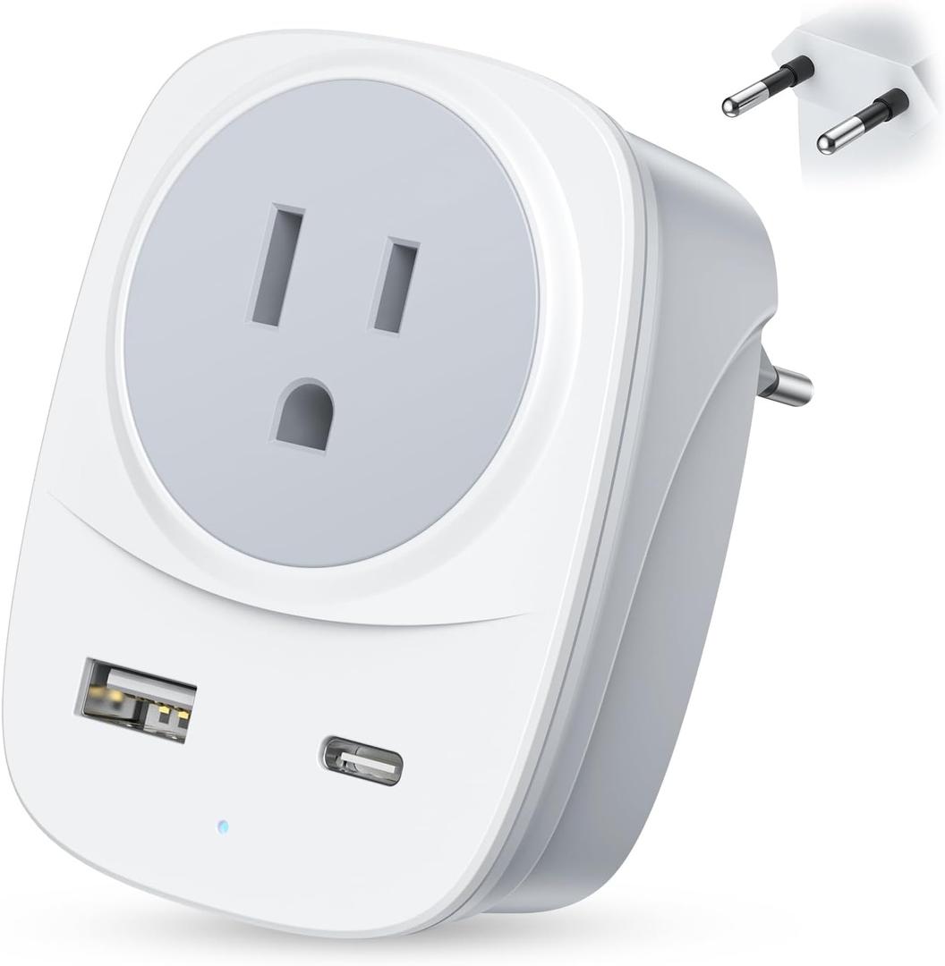 European Travel Plug Adapter USB C, FURIDEN Lite International Plug Adapter with 1 AC Outlets and 2 USB Ports, Type C Power Adaptor Charger for US to Most of Europe Iceland Spain Italy France Germany