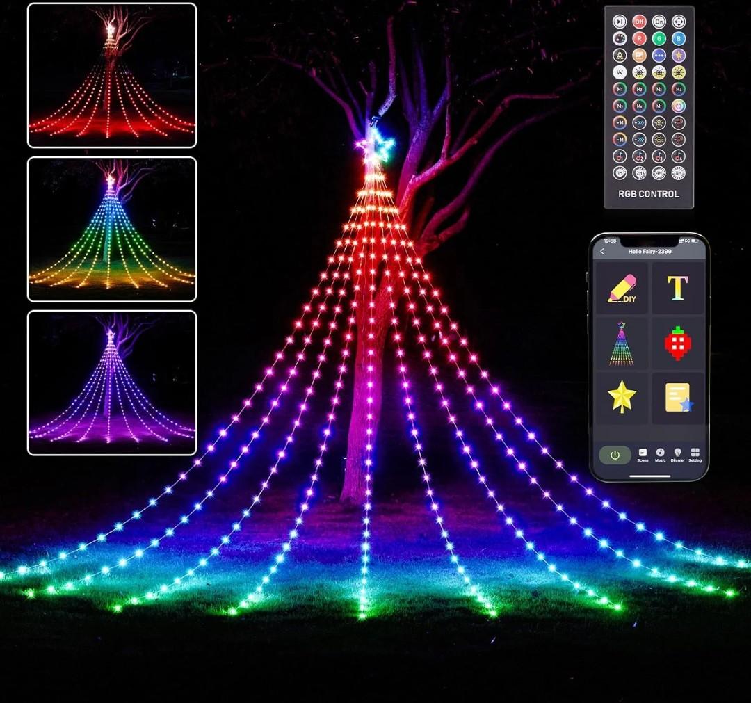 12FT Outdoor Christmas Decorations, Smart RGB Color Changing Christmas Hanging Waterfall String Lights, APP Remote Control, DIY Multi-Color Lightshow, Music Sync, Outside Xmas Lights Decor