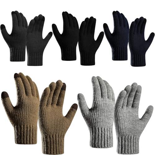 5 Pairs Knit Thick Winter Adult Touch Screen Gloves Warm Stretch Texting Glove Soft Brushed Lined Glove for Men Women Cold Weather Soft Skin-Friendly Anti-pilling