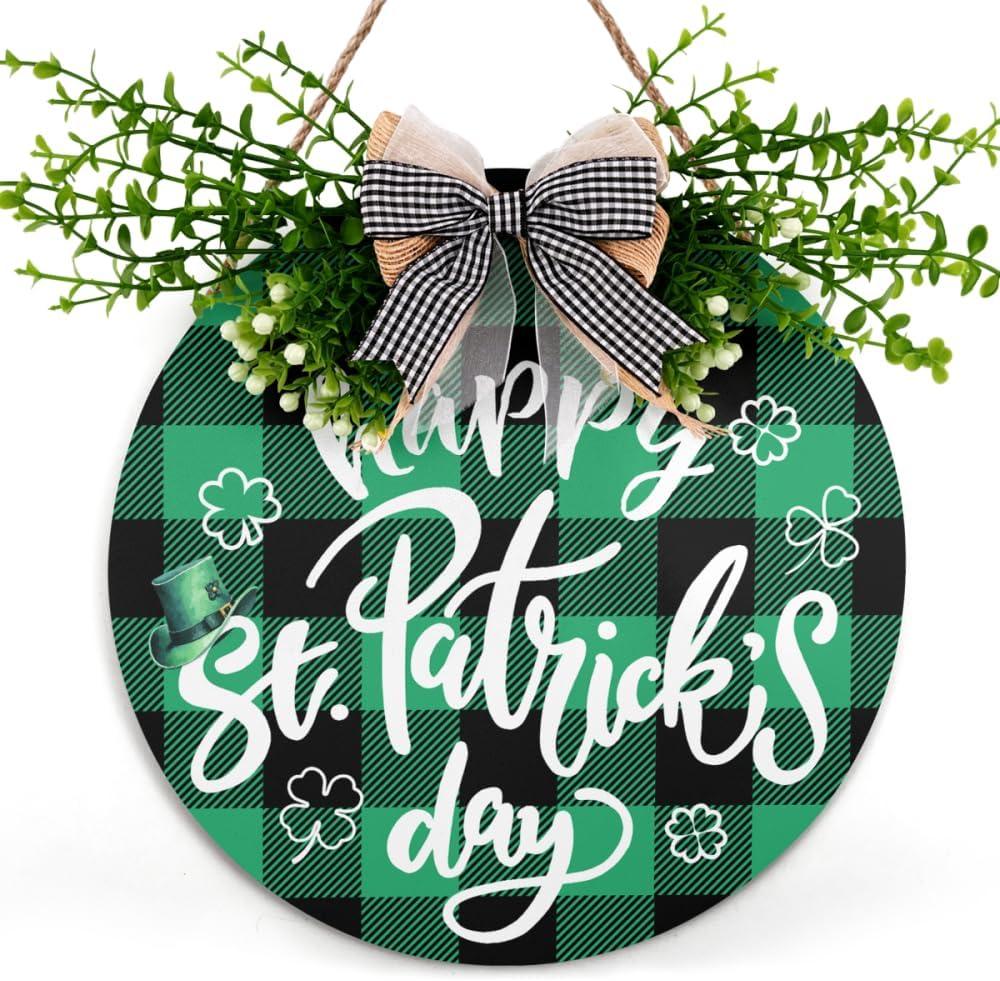St Patricks Day Welcome Sign, Round St. Patricks Door Decorations Wood Plaque Farmhouse Happy St Patricks Day Door Sign 12 X 12 Inch Shamrock Irish Clover Wreath Sign For Spring Front Door (St Patricks Day02)