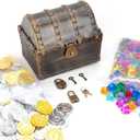 Treasure Chest for Kids Prizes,Plastic Treasure Chest with 320 Treasure Gold Coins and Gems/Jewels- Perfect for Pirate Themed Parties and Games