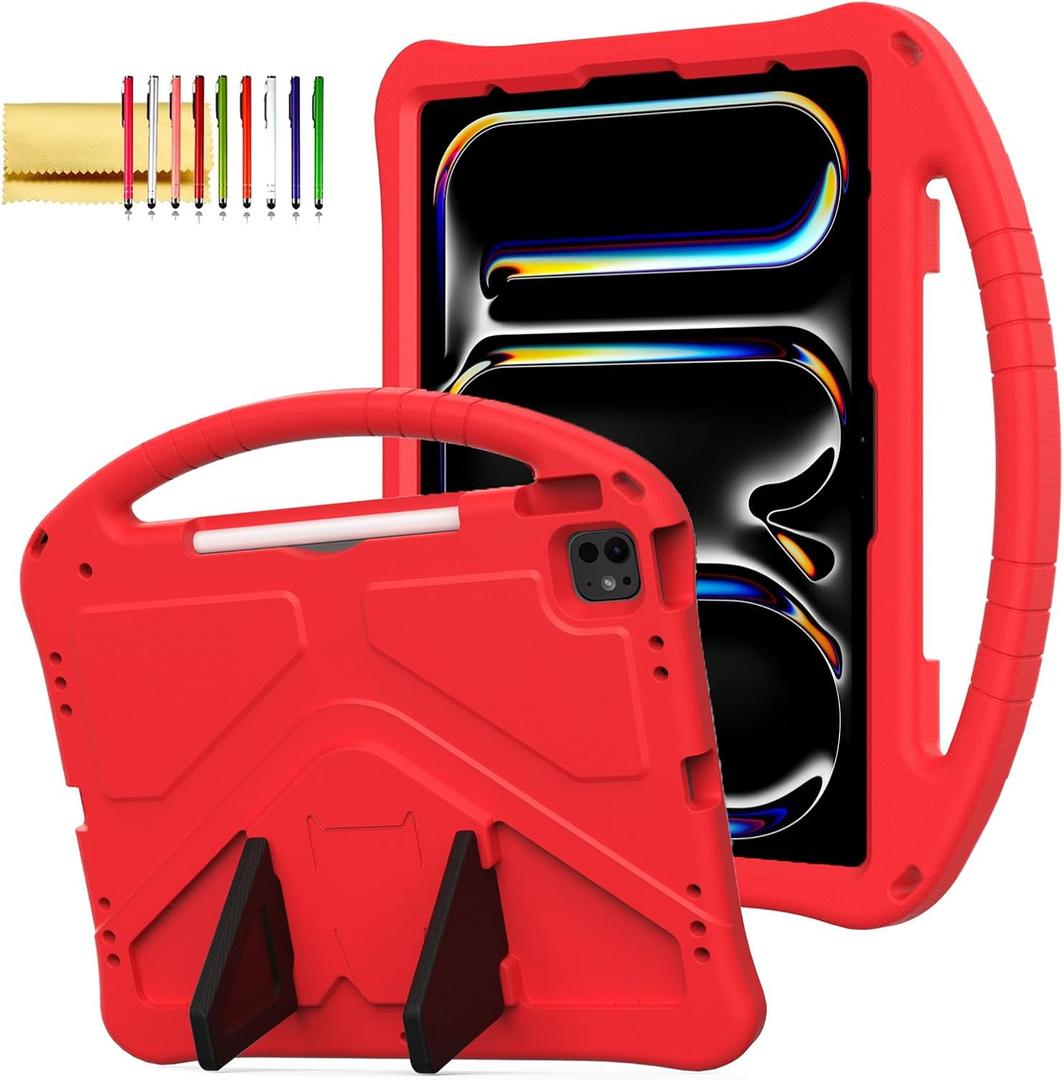 Kids Case for iPad Pro/Air 13" 2024 & iPad Pro 12.9 2022/2021/2020, Techcircle Pencil Holder Lightweight Shockproof EVA Foam Handle Stand Anti-Slip Grip Rugged Cover, Red (iPad Pro 13 2024/Pro 12.9 2018-2022/Air13 M2, Red)
