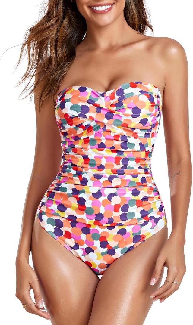 RELLECIGA Women's Strapless One Piece Swimsuit (Large, Colorful Polka Dot)