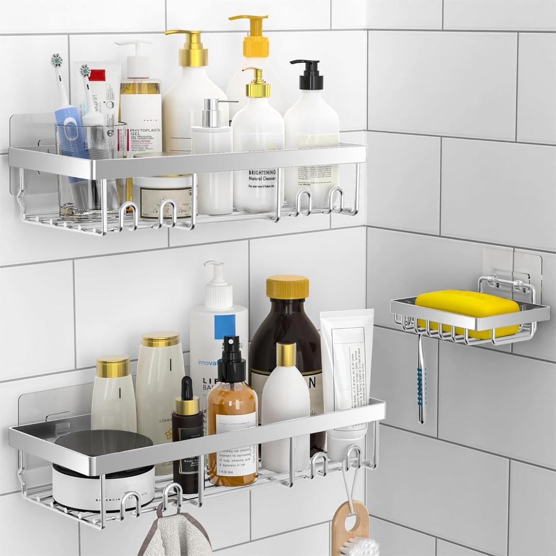 Moforoco 3-Pack Shower Caddy Basket Shelf with Soap Holder, No Drilling Traceless Adhesive Shower Wall Shelves, Rustproof Silver Bathroom Shower Storage Organizer