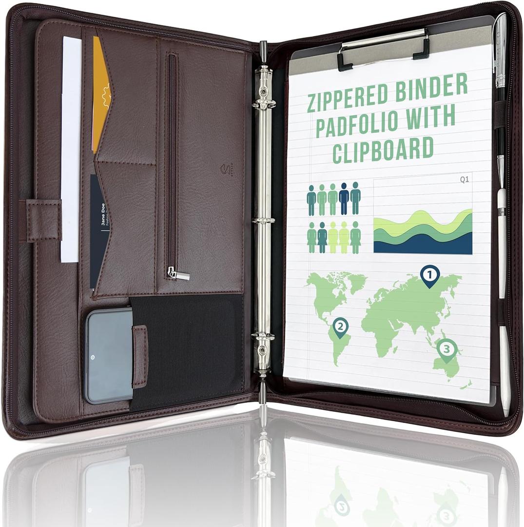 STYLIO Zipper Portfolio | Padfolio 3 Ring Binder (1") and Clipboard Folio (Removable) | Portfolio Organizer for Documents, Tablet, Phone |Faux Leather Binder for Men and Women | Walnut (Brown) Color