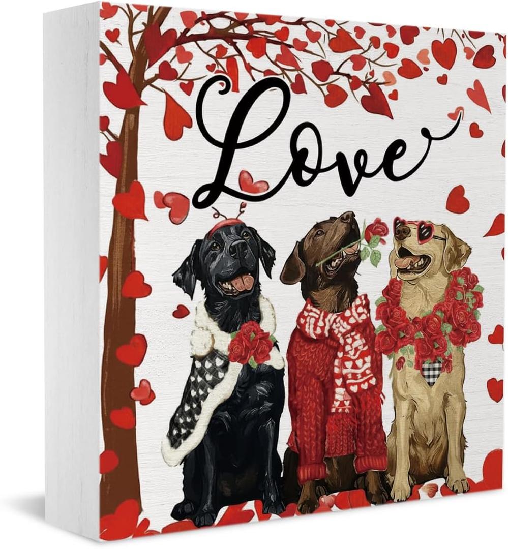 Cute Valentines Day Dog Decor Sign Red Heart Tree Wood Valentines Home Kitchen Decorations Love Decor for Bathroom Farmhouse Office Table Shelf Desk Valentine's Day Anniversary Couple Gift 55 Inch