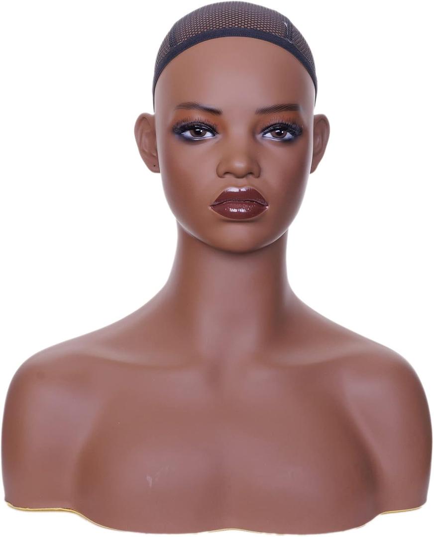 Realistic Mannequin Head with Shoulders for Wig Displaying, Wig Display Head Stand , Makeup Design Brown