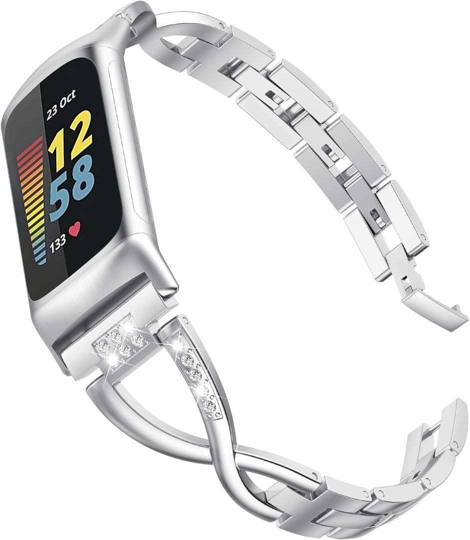Wearlizer Compatible with Fitbit Fitbit Charge 6/Charge 5 Bands for Women Metal Replacement Cute Band Strap with Bling Rhinestone Bracelet Bangle for Fitbit Charge 6/Charge 5, Silver