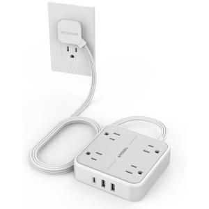 Surge Protector Flat Extension Cord 5Ft, TESSAN Flat Plug Power Strip with 4 Outlets 3 USB Ports (1 USB C), 900 Joules Protection, Multiple Wall Outlet Extender Suitable for Home Office Dorm, Grey