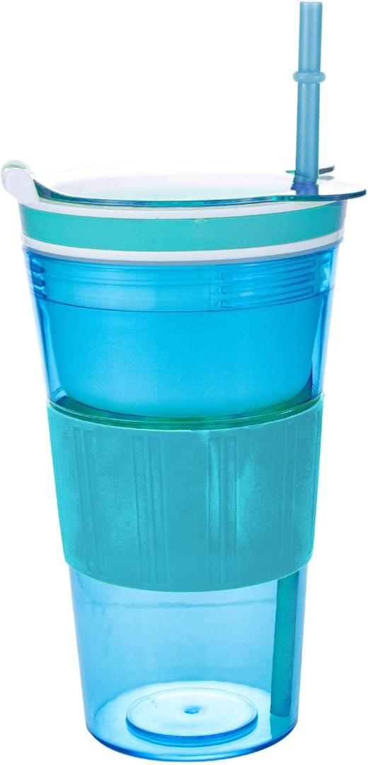 Portable Plastic Snack and Drink Cup for Adult, Teen Kid's Combo All-in-One Cereal and Milk Container for Breakfast On-The-Go with lids & Straw, 16 Oz