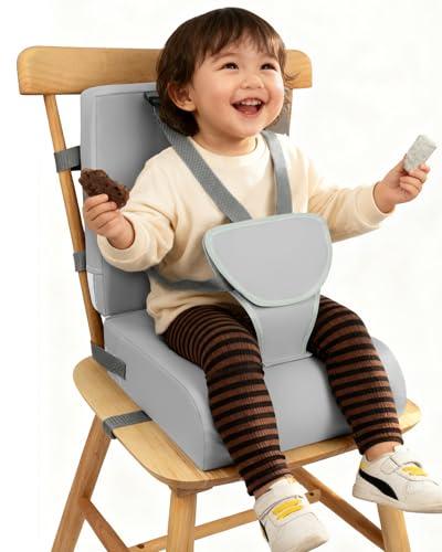 Toddler Booster Seat for Dining Table Kitchen Chair, Non-Slip with Backrest and Adjustable Straps, Portable Travel Child Kids Booster Seat for Eating (Light Grey)