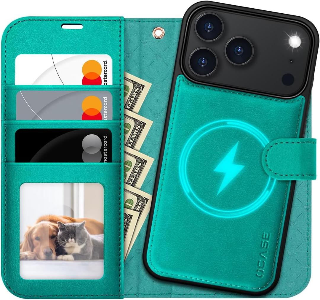 OCASE for iPhone 17 Pro Detachable Wallet Case with Card Holder, 2 in 1 PU Leather Flip Folio with RFID Blocking Stand Wrist Strap Shockproof Phone Cover 6.3 Inch 2025, Blue Green