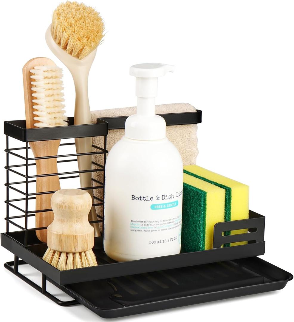 Sinnsally Sponge Holder for Kitchen Sink Caddy,Sink Organizer Rack with Dish Brush Holder & Drain Tray,Rustproof 304 Stainless Soap Dispenser Storage for Kitchen Organization Accessories & Decorations