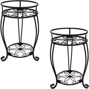 CASIMR 2Pack Plant Stand, 2 Tier 19.2 inch Tall Metal Potted Holder Rack,Indoor Outdoor Multiple Flower Pot Shelf Rustproof Iron Garden Container for Garden Patio Living Room Corner Balcony, Black