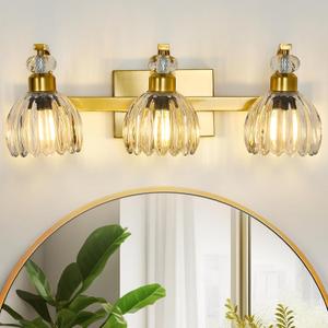 Vintage Bathroom Vanity Light Fixture 3 Lights Gold Bathroom Lighting with Clear Glass Shade Farmhouse Vanity Light Over Mirror for Dining Room Entryway Hallway