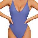 SHEKINI Women's Deep U Neck G-String Thong Bathing Suit Backless High Cut One Piece Swimsuit (Blue, S)