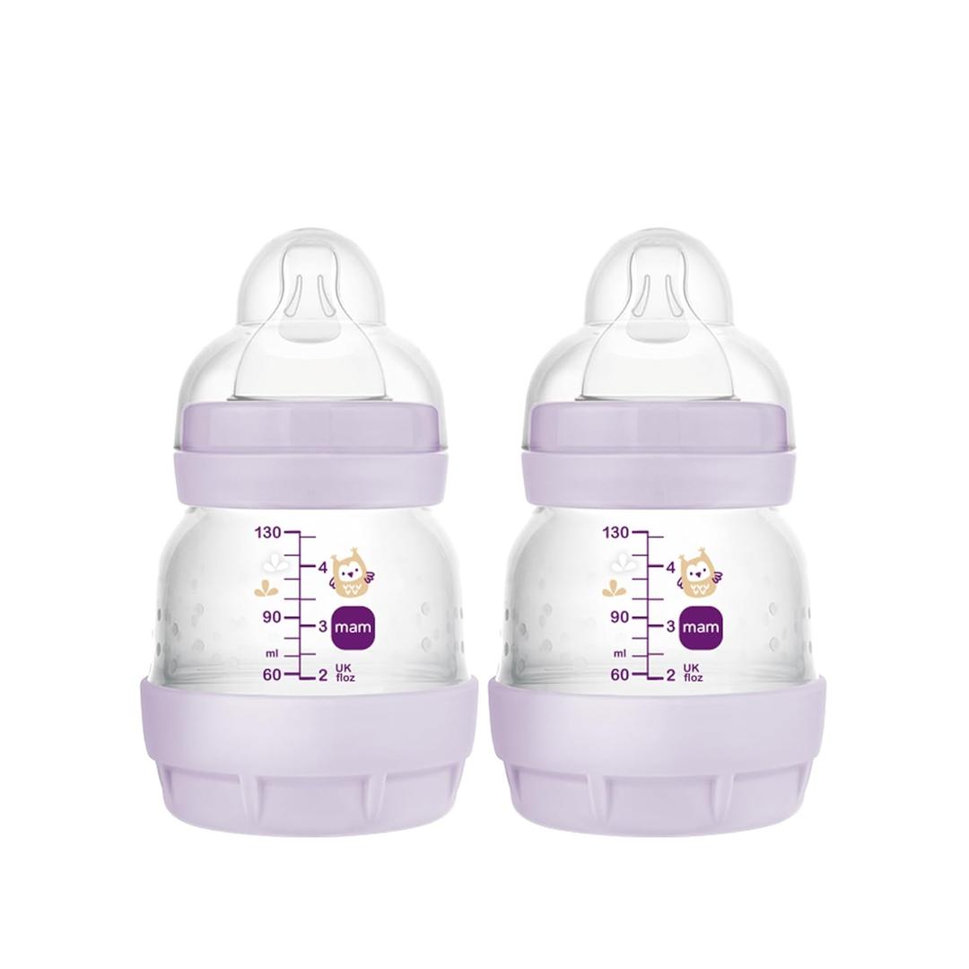 MAM Easy Start Anti-Colic Baby Bottles, Extra Slow Flow, Breastfeeding-Like Silicone Nipple Bottle, Reduces Colic, Gas, & Reflux, Easy-to-Clean, BPA-Free, Vented Baby Bottles for Newborns, 0-3 Months (2 Count (Pack of 1), Purple)