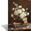 Moody Floral Canvas Wall Art Vintage Still Life Flowers on Old Books Print Framed Romantic Butterfly Painting Cottagecore Decor Library Bookish Gift Picture for Bedroom Living Room 24x18 Inch