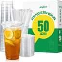 32 OZ Clear Plastic Cups with Lids and Straws 50 Pack, Disposable To Go Cups with Lids for Iced Coffee, Smoothie and Cold Drinks