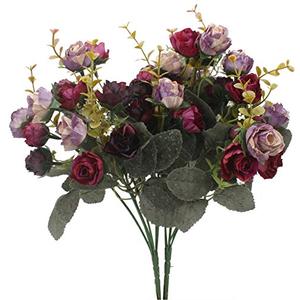 Duovlo 7 Branch 21 Mini Rose Heads Artificial Flowers Bouquet Wedding Home Office Decor,Pack of 2 (2 PCS Purple)