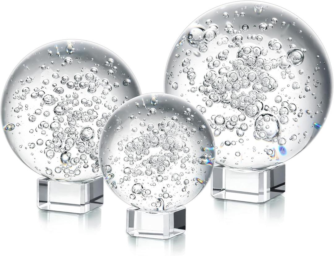 ZEERSHEE 3 Pcs 60/80/100mm Crystal Bubble Balls Solid Glass Photography Decorative Sphere Water Fountain Bubble Ball Feng Shui Gazing Divination Globe for Christmas Decoration