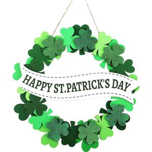 Wooden St. Patricks Day Door Sign - Shamrock Welcome Wreath Hanging Decor for Front Door, Wall, Indoor & Outdoor Irish Party Home Decorations (Happy St. Patrick's Day)