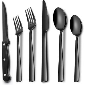 EWFEN 24-Piece Black Silverware Set with Steak Knives, Black Flatware Set for 4, Food-Grade Stainless Steel Tableware Cutlery Set, Mirror Finished Utensil Sets for Home Restaurant, Square Edge